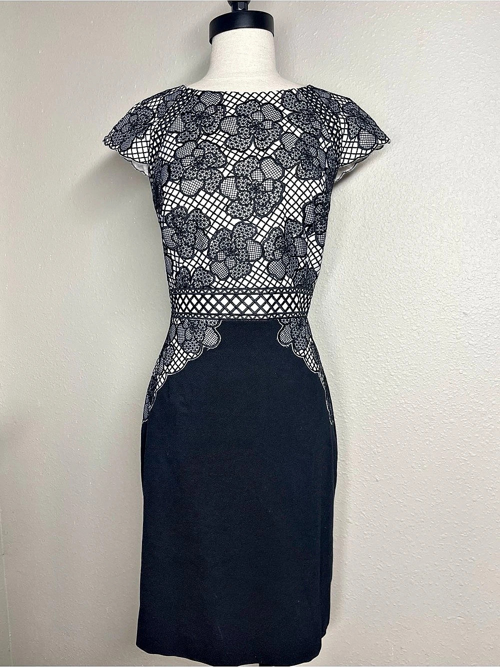 Antonio Melani Lace Overlay Midi Dress in Black & White Size 8